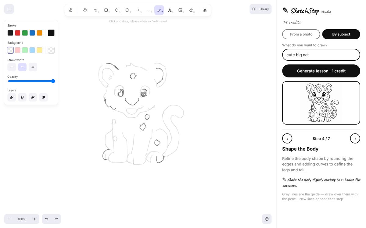 The SketchStep studio: a big cat being drawn step 4 of 7 on the sketch canvas, with instructions beside it